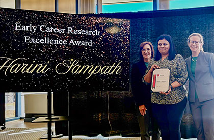 Dean of Research and Graduate Education Wendie Cohick, Harini Sampath, and Executive Dean Laura Lawson.